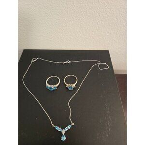 "925 Sterling Silver Blue Topaz Jewelry Set – Size 8 Rings & Necklace